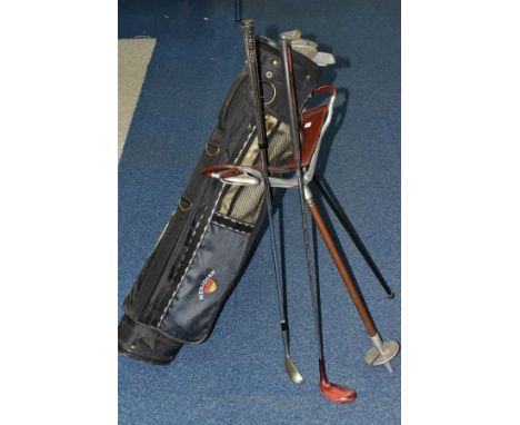 A VINTAGE SHOOTING STICK AND A GOLF BAG CONTAINING A WALKING CANE AND GOLF CLIBS, makes include Voyager, Dai Rees Shot Master