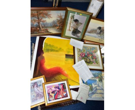 PAINTINGS AND PRINTS to include an unframed continental coastal view oil on canvas, indistinctly signed, size approximately 4