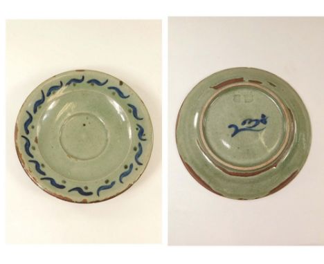 LEACH POTTERY. An early Leach Pottery saucer decorated by Bernard Leach. Painted monogram, impressed Pottery mark &amp; one o