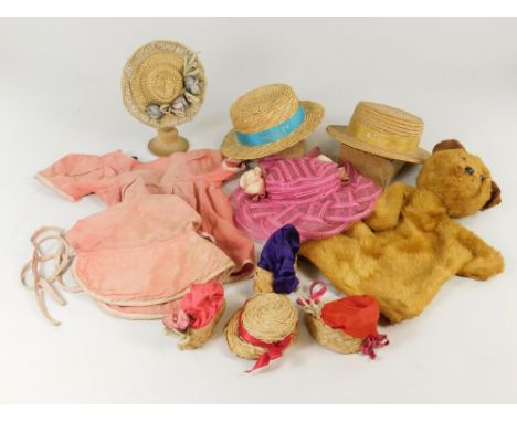 HATS ETC.Two Teddy bear's straw boaters by Asquiths of Windsor, other miniature doll's hats, a Teddy bear glove puppet etc.