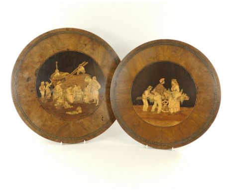 SORRENTO WARE.Two 19th century Sorrento ware table tops, each veneered in walnut, one marquetry inlaid with a Neapolitan fish