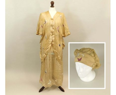 ART DECO SILK. An Art Deco apricot silk crepe skirt, matching jacket &amp; hat. All extensively embroidered with butterflies.