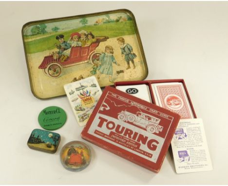 PRINTED TRAY ETC.A child's toy tray printed with a motoring scene, a boxed 'Touring' card game, a German printed automobile g