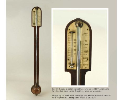 CORNISH BAROMETER.A 19th century mahogany cased Cornish stick barometer by Pearce of Bodmin, the arched top with an ivory tem