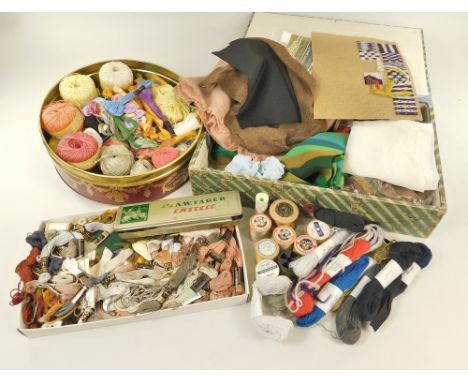 EMBROIDERY ETC. A quantity of linen floss, linen thread, Appleton tapestry wools, sewing thread, tools etc., much in original