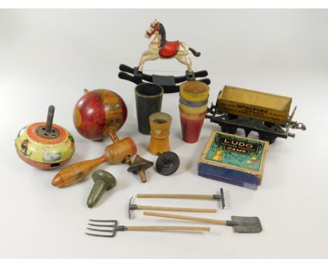 TOYS ETC.A Tri-Ang tin plate spinning top, a Hornby McAlpine railway truck, miniature lead & wood gardening tools etc.