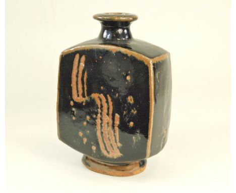 BERNARD LEACH. A Bernard Leach tenmoku glaze bottle vase with combed decoration both sides. Impressed personal &amp; Pottery 