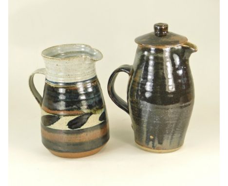 LEACH STANDARD WARE ETC. A Leach Standard Ware coffee pot or soup jug. Pottery mark. Also a jug by Hugh West.