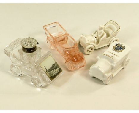 INKWELL ETC.A novelty, moulded glass, Blackpool souvenir automobile inkwell, one other glass automobile & two crested souveni