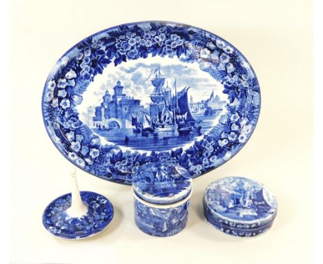 WEDGWOOD FERRARA.A Wedgwood Ferrara pattern part trinket set comprising tray, 23 x 31cm, two toilet boxes & a ring tree.