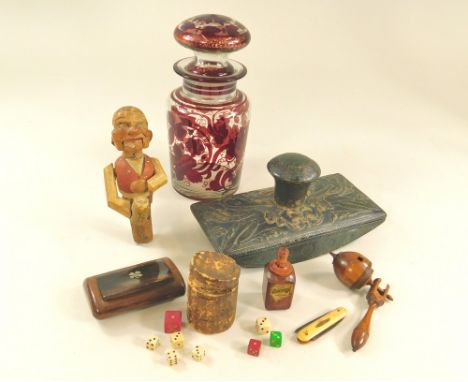 MISCELLANEOUS.Miscellaneous items including snuff box, a cork container with dice, a Swiss carved novelty bottle stopper, a T