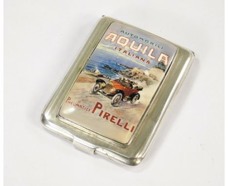MATCH BOOK CASE.An engine turned silver match book case, the front with inset enamelled plaque, showing Pirelli Tyres on an e