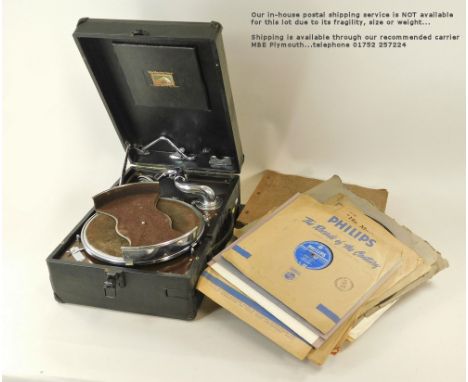 PORTABLE GRAMOPHONE. An HMV model 102 portable gramophone in black, with record carrying tray. Also, a quantity of 78rpm reco