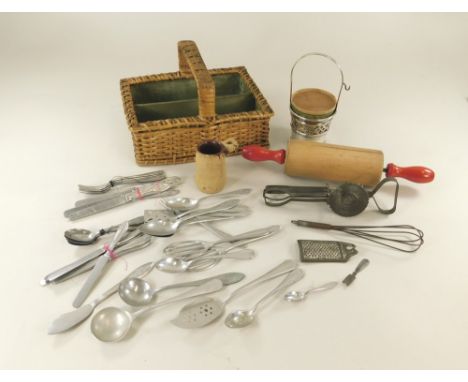 TOY CUTLERY.A toy wicker cutlery basket with miniature cutlery & kitchen implements, including a whisk. Also, a toy rolling p