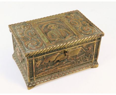 BRASS BOX. An early 20th century, velvet lined, brass jewellery casket with key. The top cast with a portrait of Shakespeare,