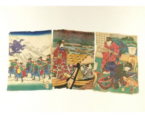 JAPANESE PRINTS. Three Meiji period Japanese woodblock prints. Each approx. 27 x 19cm.