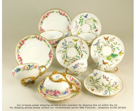 ENGLISH CERAMICS.A set of four enamelled coffee cups & saucers by Bodley & three Victorian hand painted cups & saucers, the u