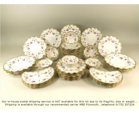 ROYAL CROWN DERBY.Forty four pieces of Royal Crown Derby, 'Royal Antoinetter' supper ware, comprising nine twin handle soup b