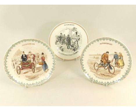 AUTOMOBILE PLATES ETC.Two French 'Automobiles' plates, showing a wedding car & an early bicycle, diameter 21cm & one other si