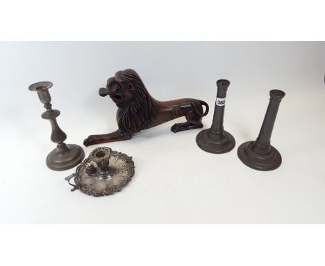 A PAIR OF EARLY 19TH CENTURY PEWTER CANDLESTICKS raised on circular bases stamped "Walravens", each 8 ins high, a single pewt