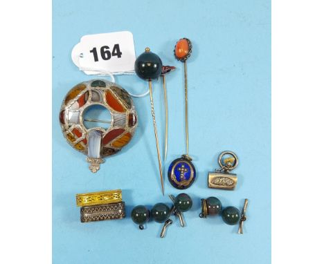 A VICTORIAN SCOTTISH WHITE METAL AND HARDSTONE SET BROOCH (one piece lacking), a bloodstone STICK PIN and five matching BUTTO