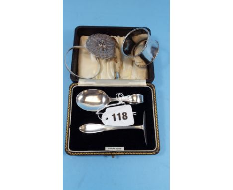 A GEORGE VI SILVER BABY'S PUSHER SET, maker:- A.P. &amp; Co, in original box, a silver NAPKIN RING, Chester 1923, a.f, a chil