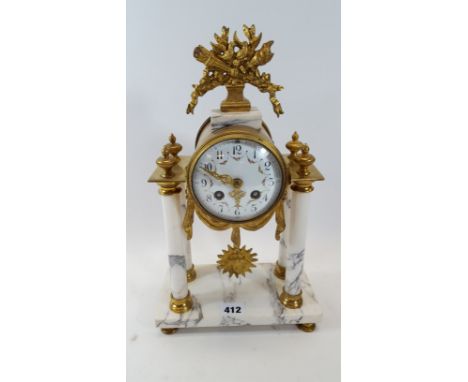 BONNETT &amp; POTTIER, PARIS, A LATE 19TH/EARLY 20TH CENTURY FRENCH GILT BRASS AND WHITE MARBLE MANTLE CLOCK, floral decorate