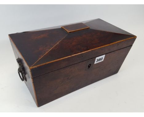 AN EARLY 19TH CENTURY YEW WOOD AND BOXWOOD STRUNG SARCOPHAGUS SHAPED TEA CADDY with two removable canisters and foliate ring 