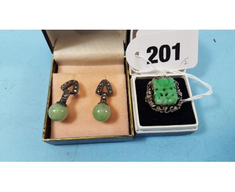 A PAIR OF ART DECO STYLE SILVER MARCASITE AND JADE DROP EARRINGS, stamped 925 and a Chinese white metal RING set with a flora