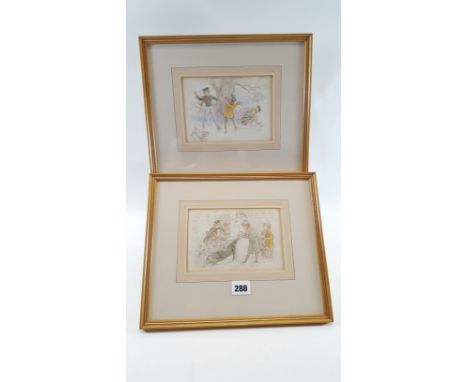 IN THE STYLE OF KATE GREENAWAY, 1846-1901, a pair of watercolours each depicting young children playing in the snow, unsigned
