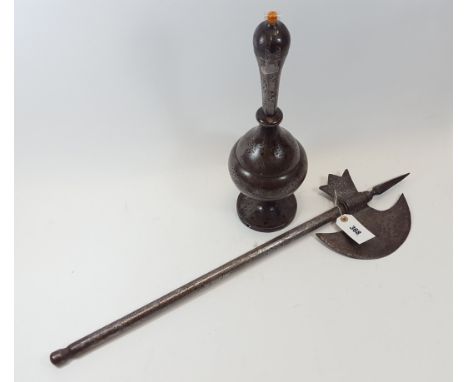 A 19TH CENTURY INDO-PERSIAN QAJAR STEEL AXE with foliate engraved decoration to the handle, 26 1/2 ins long and a DITTO vase 