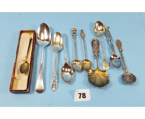 A STERLING SILVER CADDY SPOON with leaf form bowl and pierced handle, a ditto "Philadelphia" SOUVENIR SPOON and sundry OTHERS