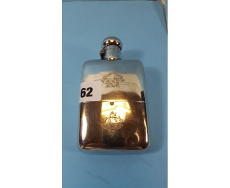 A VICTORIAN SILVER HIP FLASK, bayonet cap and removable base, engraved crest and monogram, maker:- D &amp; F, London 1869, ap