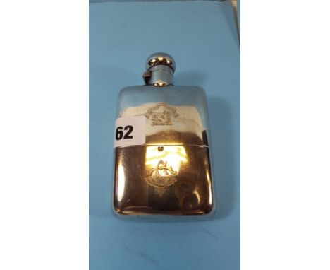 A VICTORIAN SILVER HIP FLASK, bayonet cap and removable base, engraved crest and monogram, maker:- D &amp; F, London 1869, ap