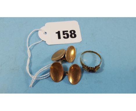 A PAIR OF 9CT ROSE GOLD CUFF LINKS and a 9ct gold RING, lacking a stone, approximately 8 grams.    