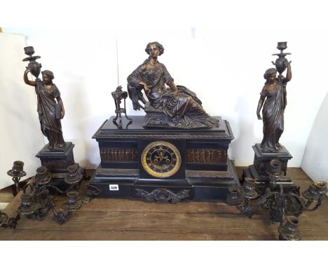 A GOOD 19TH CENTURY BLACK SLATE AND BRONZE FRENCH CLOCK GARNITURE, twin train movement with visible brocot escapement, the ca
