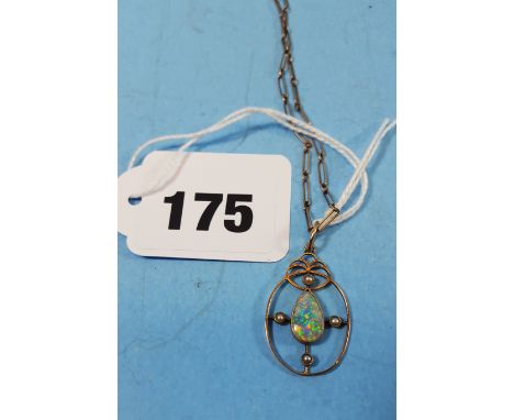 AN EDWARDIAN 9CT GOLD ART NOUVEAU OPAL AND SEED PEARL PENDANT on a 9ct gold neck chain, approximately 3 grams.   