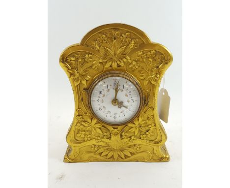 AN EDWARDIAN ART NOUVEAU INFLUENCE GILT METAL MANTLE CLOCK, circular floral enamelled dial with platform escapement movement,