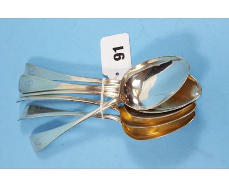 A SET OF SIX GEORGE IV OLD ENGLISH PATTERN DESSERT SPOONS, engraved initial E, maker:- R R, London 1826, approximately 7oz.  