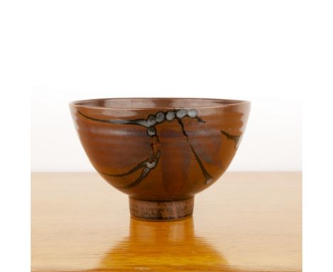 David Lloyd-Jones (1928-1994) studio pottery footed bowl, with abstract brushwork and painted decoration of brown glazed grou