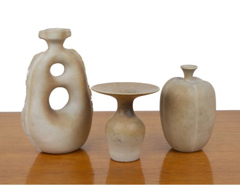 Geoffrey Eastop (1921-2014) three studio ceramic pieces, one of small vase with large flaring rim, signed to the base, 11.5cm