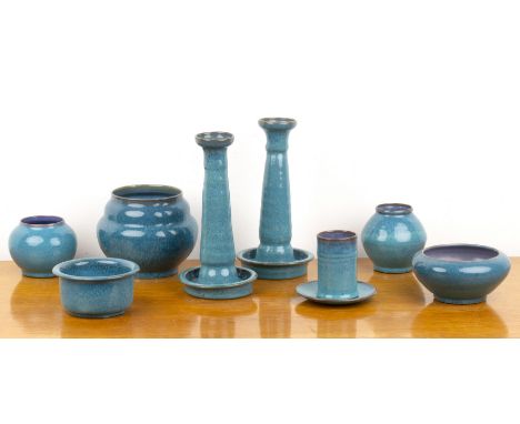 John Adams for Poole Pottery CSA 'Chinese' blue glazed group of ceramics, comprising a pair of candlesticks, with impressed m