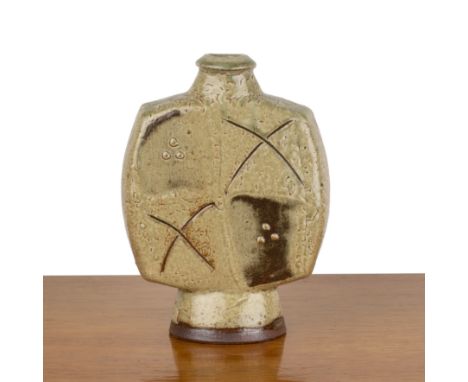 Mike Dodd (b.1943) 'Pilgrim' flattened form vase, studio pottery, with incised decoration, impressed mark to the base, 25cm h