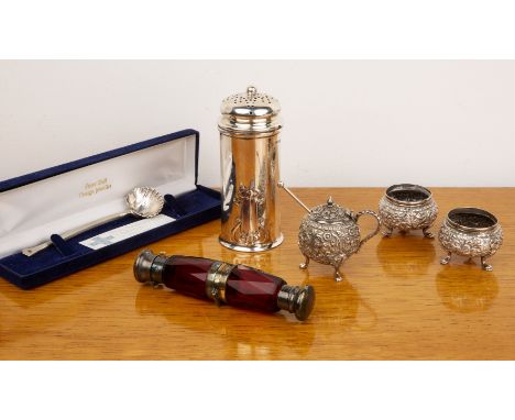 Collection of silver and silver plate to include: a white metal mounted red glass scent bottle with dual ends, unmarked, 13cm