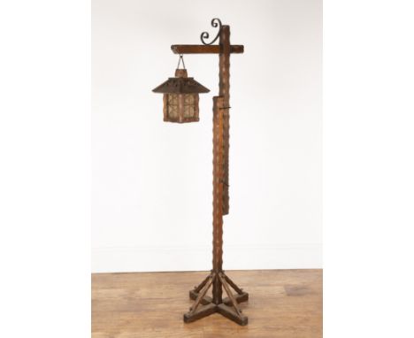 In the manner of Arthur Romney-Green (1872-1945)Arts and Crafts, oak, hanging lantern, the lantern with glass panels, unsigne