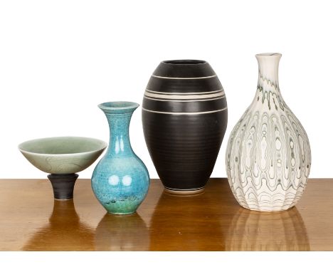 Collection of studio ceramics and pottery comprising: Louise Darby large studio ceramics vase with white bands on a black gro