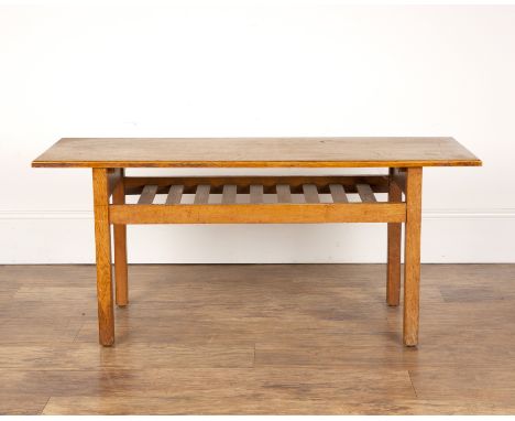 Cotswold School oak, coffee table with rectangular top, with slatted under tier shelf, unmarked, 106cm wide x 46.5cm high x 3