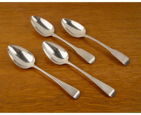 Two pairs of Georgian silver tablespoonsthe first pair with floral crest engraved to the finial, bearing marks for JL, London