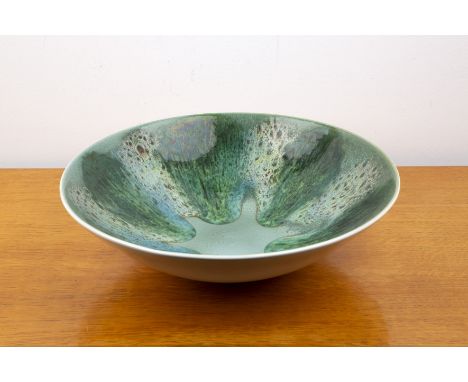 Christine Tate at Poole Pottery 'Studio' range bowl, decorated with green and blue glaze, circa 1965, no. 46 mark to the unde