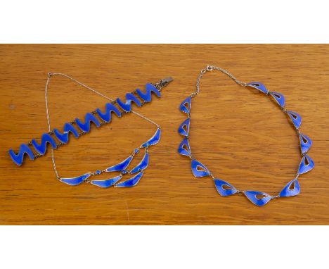 Collection of Danish silver and enamel jewellery comprising: a Knut Andreas Rasmussen blue enamel panel bracelet, marked to t